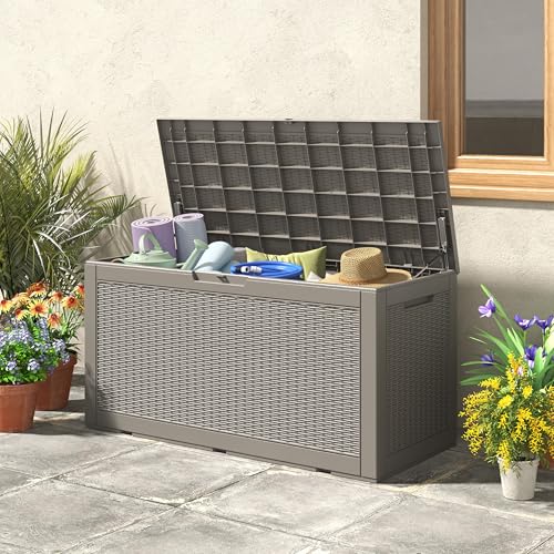 Outdoor Storage Box Waterproof, 110 Gallon Deck Box For Patio Storage - color: Rattan Gray, style: 110Gallon