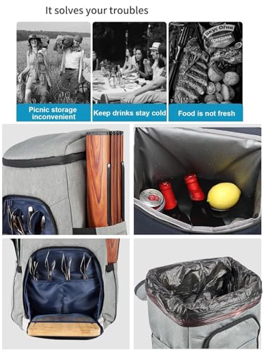 Picnic Backpack Bundle 15-in-1 Set Camping Gear with Fold Table & Waterproof Blanket & Stainless Steel Utensils for 4-Person Family Hiking Essentials - color: Gray