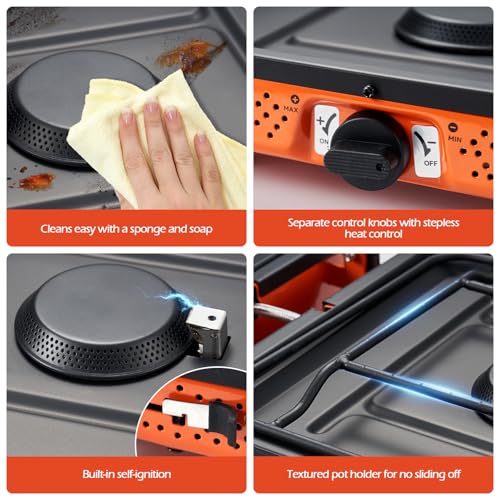 Odoland Portable 2 Burner Camping Stove Propane 17000 BTU/h Gas Stove Collapsible Backpacking Stove for Indoor Outdoor Cooking Hiking and Picnic