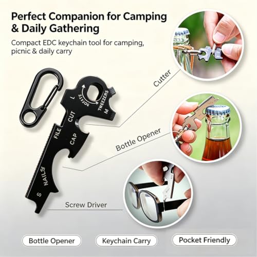 8-in-1 EDC Multi-Tool Keychain with Carabiner Clip, Heavy Duty Pocket Tool with Screwdrivers, Bottle Opener, Cutter & Survival Functions, 1 Pack (Black) - color: Black