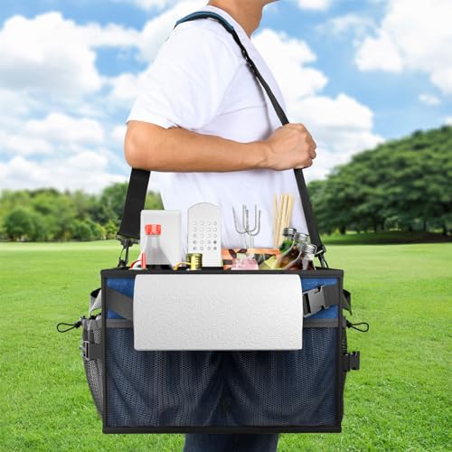 FANGSUN Grill Caddy, Foldable BBQ Caddy with Paper Towel Holder, Blue | 11 Compartments, Easy-Clean Aluminum Interior, 1680D Oxford Fabric, Water-Resistant, Shoulder Strap Included, Tailgating - style: Navy