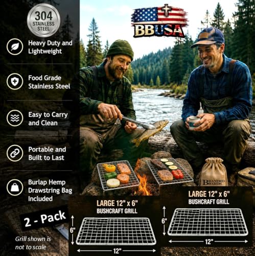 Portable Bushcraft Stainless BBQ Cooking Grill Grates & Burlap Hemp Drawstring Bag. Camping, Campfires, Backpacking, Hunting & Fishing. (Two Large Grills + Bag) - size: Two Large Grills + Bag