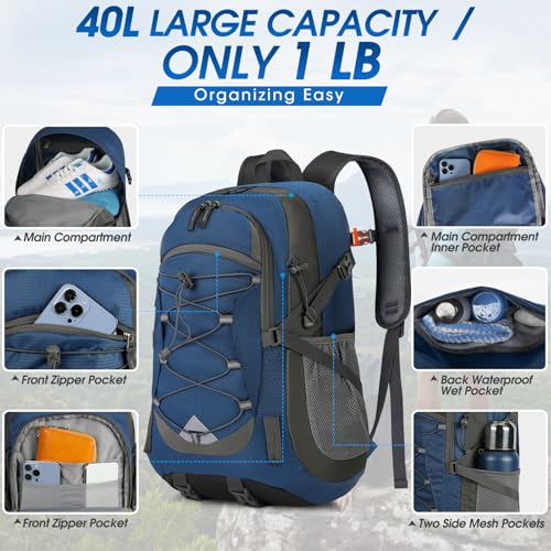IGOLUMON Hiking Backpack 40L Packable Lightweight Camping Daypack Men Women | Multi-compartment storage Water-resistant Foldable Nylon Material Hiking Day pack for Camping Cycling Outdoor - color: Navy Blue