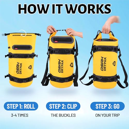 OSAH DRYPAK 25L Waterproof Dry Bag - Motorcycle Luggage Tail Bag with Straps for Back Seat, Roll Top Lightweight Waterproof Backpack Sack for Travel, Swimming, Boating, Kayaking, Camping and Beach - color: Yellow