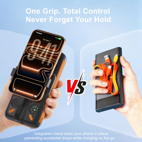 Solar Power Bank 38800mAh with Built-in Cable, PD 20W, 22.5W Fast Charging | Waterproof Outdoor Design with LED Flashlight, Compass & Thermometer