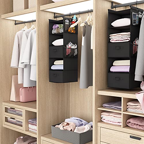 MAX Houser 5-Shelf Hanging Closet Organizer with 2 Drawers, Black-D2 | Foldable Fabric Hanging Shelves for Closet, Cloth Hanging Shelves with 2 sturdy hanging hooks, Small Space Saver - color: Black-d2