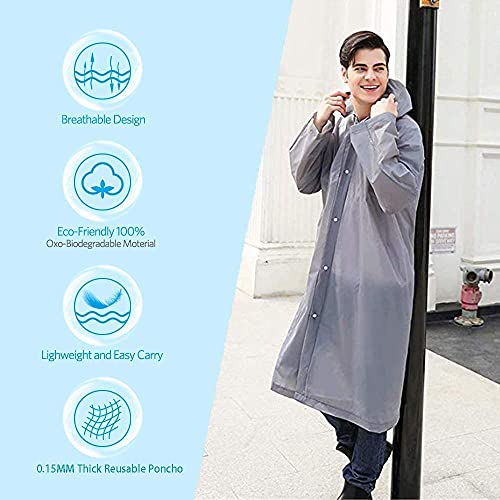 Rain Ponchos for Adults Reusable, 2-5 Pack Raincoat for Women Men, Waterproof Rain Coat Gear with Hood Drawstring - color: Grey X2
