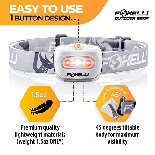 Foxelli LED Headlamp Flashlight for Adults & Kids, Running, Camping, Hiking Head Lamp with White & Red Light, Comfortable Headband, Lightweight & Waterproof, 3 AAA Batteries - color: White