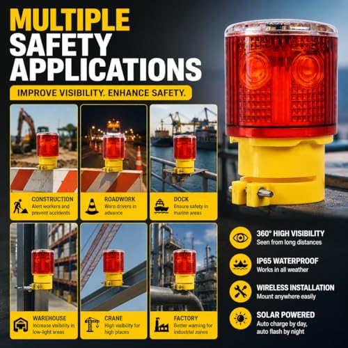 Solar Strobe Warning Light: 360 Degree Super Bright LED Flashing Light Wireless Install Automatically Turn On/Off Waterproof for Construction, Traffic, Dock, Marine, Crane Tower, Factory (Red-6PCS) - color: Red-6PCS