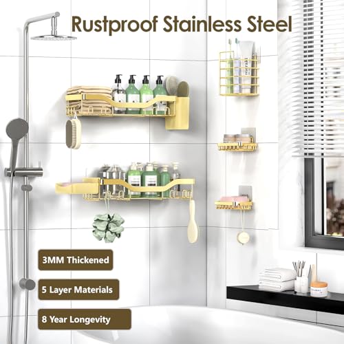 NESOMI Shower Caddy Adhesive Shower Organizer 7-Pack, Rustproof Stainless Steel Bathroom Shelves, Large Capacity No-Drill Rack Storage Accessories with Soap Dish Toothbrush Holder Hooks - color: Gold, size: 7-Piece Set