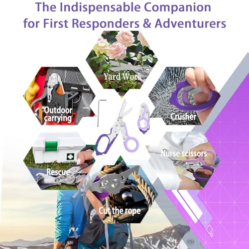 6-in-1 Multifunction Trauma Shears for emergency responders, outdoor emergencies, medical staff and outdoor camping, Foldable High-Strength Stainless Steel Scissors Tools With Utility Holster (Purple) - color: Purple