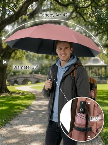 BAODINI Compact Travel Umbrella Small Windproof Auto Open Close for UV Sun Protection UPF 50+ and Rain Fits Backpack Purse & Suitcase - color: Pink