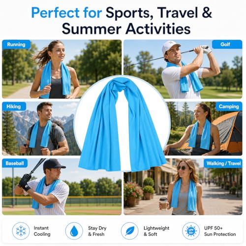 Large Cooling Towel for Neck and Face, 43.3 x 15.7 in, Sky Blue - color: Sky-blue