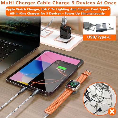 3 in 1 Multi Charging Cable for Apple Watch Charger Fast Charging Cable 4FT | Travel Charging Cords for Multiple Devices with iwatch USB-C Lightining Braided for iWatch Ultra/SE/11-2 iPhone17-5 Kindle - color: GreyWhite-4ft