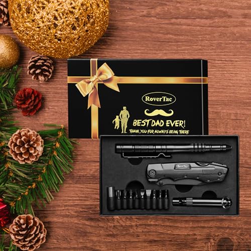 RoverTac Multitool Knife Tool Set for Dad Gift, 15-in-1 Multitool Knife, Tactical Pen, Whistle in a Premium Gift Box with BEST DAD EVER, Gifts for Dad for Birthday Christmas Valentine Father's Day - style: BEST DAD EVER