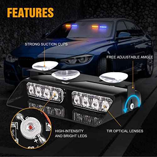 XRIDONSEN 2 in 1 Dash Emergency Strobe Lights Front/Rear Amber Blue Windshield Lights Warning Safety Flashing w/Suction Cups for Volunteer Vehicles, Trucks（Amber/Blue - color: Amber/Blue