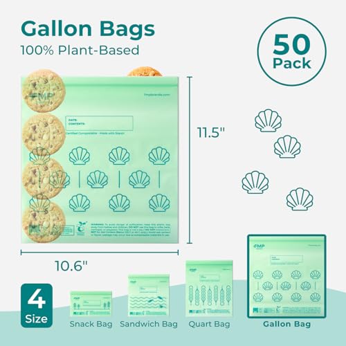 Fit Meal Prep 50 Pack 100% Compostable Food Storage Bags, 1 Gallon Freezer Bags, 10.6 x 11.5" Resealable Bag for Vegetables, Meat, Fruits, ASTM D6400, US BPI & EU OK Compost Certified - style: Gallon