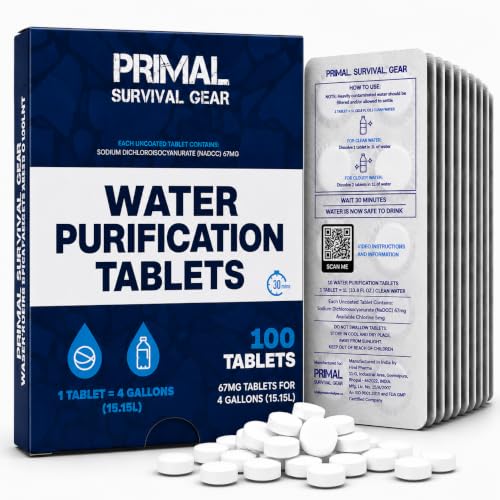 Water Purification Tablets- Water Purifier Tablets for Emergency Water - Hiking, Camping, Survival, Emergency – Drinking Water Filtration System Survival Tabs - Purificador De Agua - 100 Tablets - 4G - size: 15 Liters