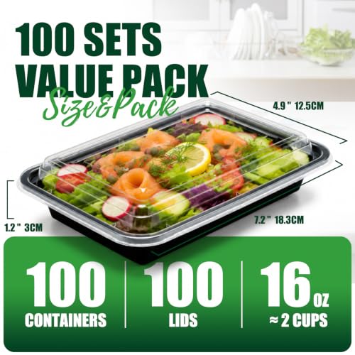 100 Pack (200-Piece) 16oz Meal Prep Containers with Lids Reusable Food Containers Leakproof & Microwave, Freezer, Dishwasher Safe Durable Plastic Storage Containers Bento Box for To Go Take Out Black