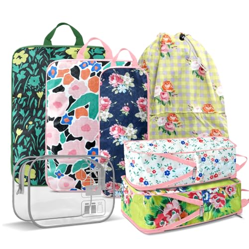 7 Piece Travel Compression Packing Cubes - Gingham Floral | Foldable Toiletry Kit, Efficient Suitcase Packing, Carry-On Compatible Travel Essentials with Lovely Flower Print, Green - color: Black-1