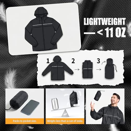 ZITY Mens Rain Jacket with Lining Waterproof Lightweight Rain Coats Packable Hooded Windbreaker for Hiking Golf Cycling - color: Black, size: Small