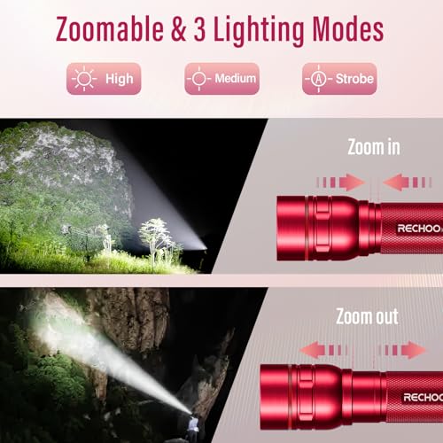 Rechargeable Flashlights High Lumens, G1000 Super Bright Flash Light 2 Pack, Small Zoomable LED Flashlight with 3 Lighting Modes, Portable Flashlights for Camping Essentials, Gift for Women (Red) - color: Red, size: 2 Pack