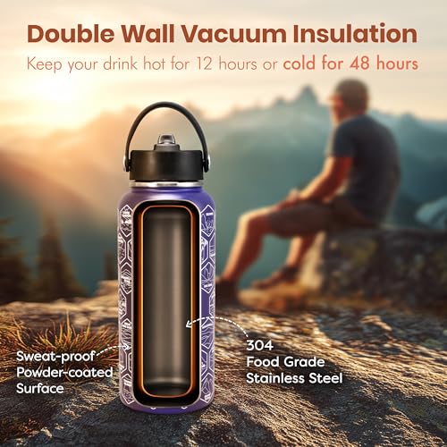National Parks Purple Water Bottle with Durable Stickers – 32oz Insulated Stainless Steel Water Bottle with Spout – Insulated for Cold and Hot Drinks – Metal Bottle for Gym, Hiking, Camping - color: Purple