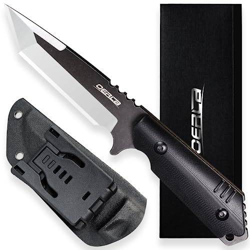 OLX-004 Tactical Survival Knife with Kydex Sheath, Outdoor Fixed Blade with Belt Clip, 420HC Steel Blade Camping Knife with G10 Handle