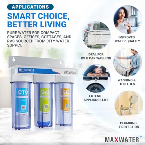 Max Water 3 Stage (Good for City Water) 10 inch Standard Water Filtration System for Whole House - Sediment + GAC + CTO Post Carbon - ¾ Inlet/Outlet - Model : WH-SC2 - style: Clear