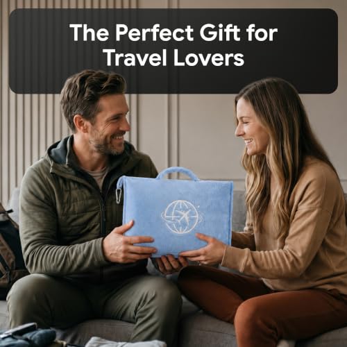 2-in-1 Travel Blanket and Pillow – Lightweight, Compact, Ultra Soft, Machine Washable – Handle, Luggage Sleeve, Backpack Clip – for Travel Airplane, Car, Office (Light blue) - color: Light Blue