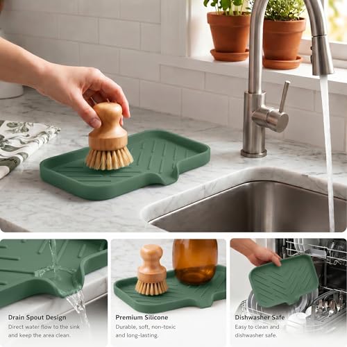 MicoYang Silicone Soap Dish with Drain Spout — Self-Draining Sink Organizer Tray for Bathroom & Kitchen, Sponges, Dispensers & Soap Holder, Non-Slip & Dishwasher Safe, Green (Medium, 9.6"×5.3") - color: Green, size: M(9.6"×5.3")
