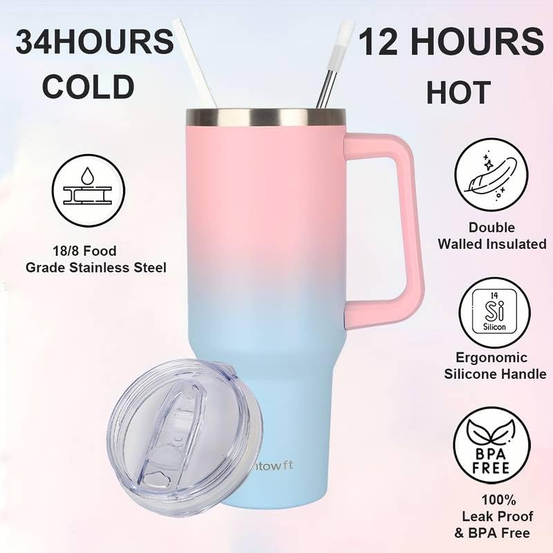 40oz Travel Tumbler with Handle and Straw, Water Bottle with Carrier Bag - color: Blue Purple
