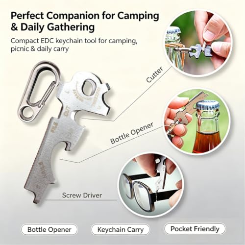 8-in-1 Stainless Steel EDC Keychain Multitool with Tweezers, Screwdrivers, Bottle Opener, Rope Cutter & Nail File, Key Sized Mini Tool for Home Camping Daily Carry, 1 Pack (Silver) - color: Silver