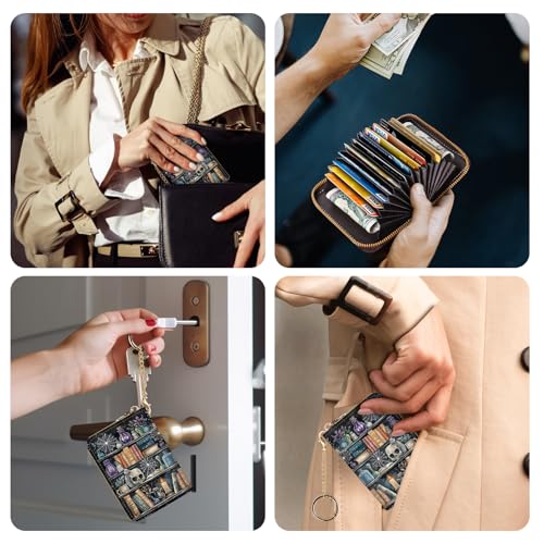 Yonlevres Credit Card Holder RFID Small Wallet Women Keychain Zipper - color: 0 Goth Bookshelf