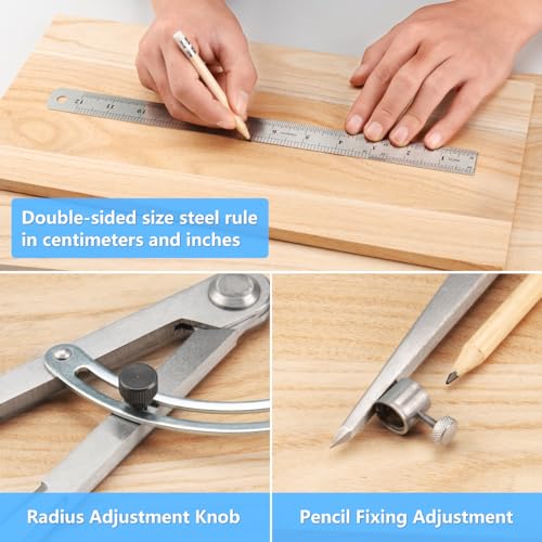 Woodworking Compass Geometry Set - Large Locking Pencil Compass for Drawing Circles, Professional 8 Inch Woodworking Compass with 2 Pencils and a 12inch Ruler, Perfect for Precision Geometry. - size: 8 Inch