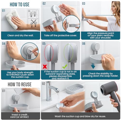 TAILI Soap Holder, Soap Dish Suction Cup with Hooks, Stainless Steel (Grey) - color: Grey