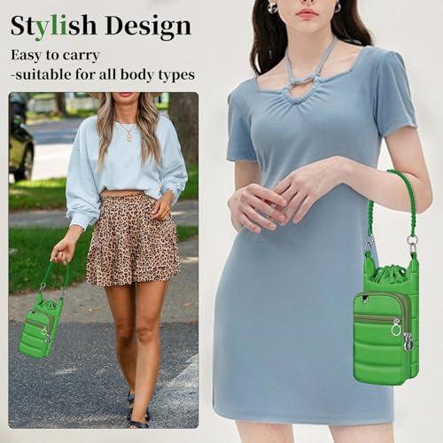 bvya Puffer Water Bottle Holder Quilted Sports Pouch Bag with Adjustable Shoulder Strap & Paracord Handle - color: Dark-green