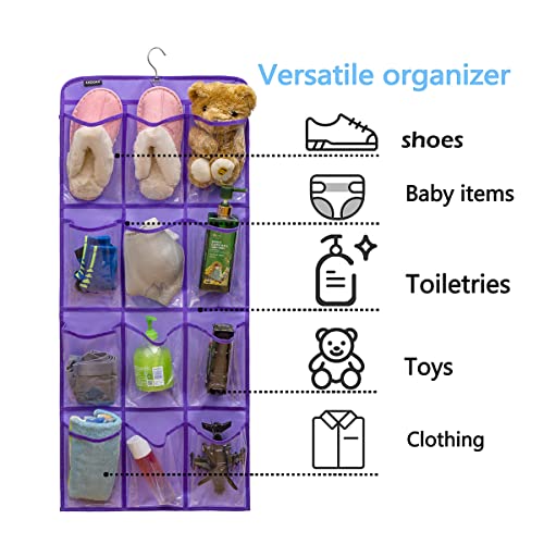 Dual Sided Hanging Shoe Organizer for Closet with Rotating Hanger Hanging Shoe Rack Holder with 24 Large Pockets (Purple-Clear Pockets) - color: PURPLE