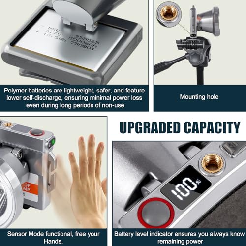 Super Lightweight Ultra-Thin LED Headlamp with Motion Sensor, 5000mAh Polymer Battery, 4 Modes with Battery Level Display IP65 Waterproof Perfect for Camping, Hiking, Fishing (YK-681Gray White light) - color: YK-681Gray White light