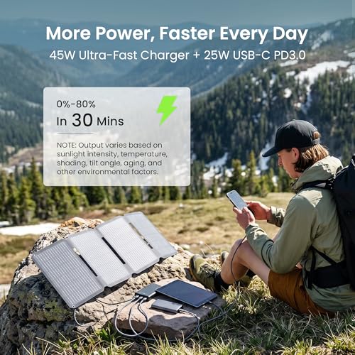 45W Portable Solar Panel Charger, 25.4% Efficiency, Dual USB-C | 25W PD and USB-A outputs charge phones and power banks; 1.7 lb foldable IP68-rated design fits camping and backpacking