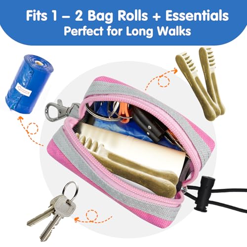 Dog Poop Bag Holder for Leash, Large-Capacity Canvas Pouch, Pink | Holds one bag roll, keys, treats, and small essentials with quick access, secure straps, and water-resistant canvas - color: Pink