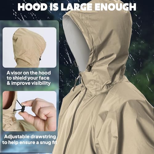 ANYOO Waterproof Rain Poncho for adults Lightweight Reusable Hiking Hooded Coat Jacket for Outdoor Activities - color: Khaki With Pocket