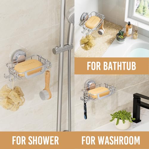 Bar Soap Holder with Hooks, Suction Cup Soap Dish Stainless Steel | Soap Holder Shower Wall Mounted, Soap and Razor Holder for Shower, Rustproof for Bathroom, Sponge Holder Saver, Silver - color: Silver, size: 1 Tire