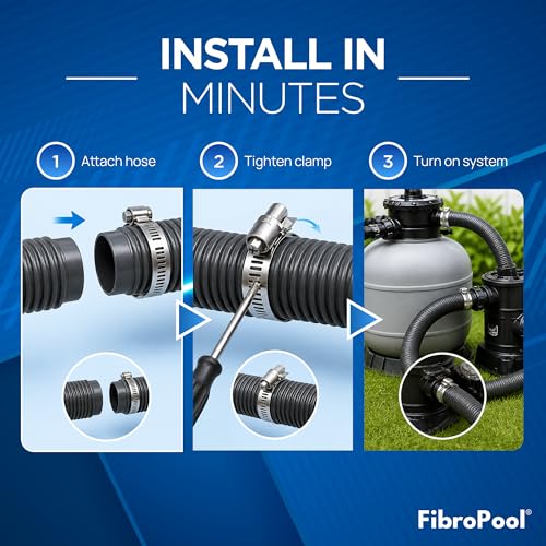 Pool Hose Kit - 1.5 in Connections - 6 ft - Plastic & Steel | 19 Piece Set, Above Ground Systems, Converts 1.25 Ports, ABS Adapters, Alloy Clamps, Thread Tape Included, White