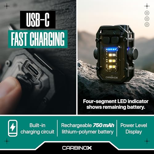 CARBINOX Flashlight Mini, 300 Lumens Rechargeable LED+COB Light, Dual Independent Switches, 7 Modes w/Red-Blue Warning, USB-C Fast Charging, Cap-Clip Hands-Free Use