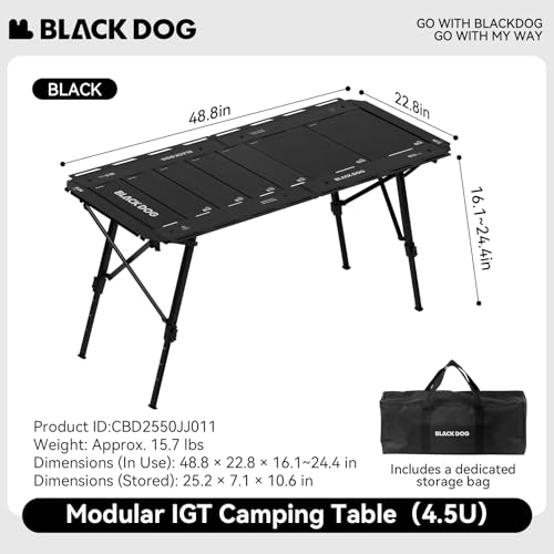 BLACKDOG Modular IGT Camping Table with Center-Folding Design, 4.5 Unit Aluminum Outdoor Kitchen Table, Adjustable Height 16"-24", Portable Folding Camp Table with Side Rails & 7 Expandable Plates - color: Midnight Black