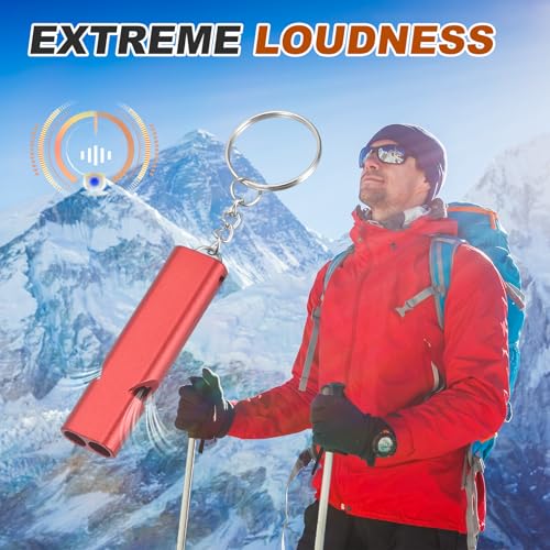 Emergency Whistle, Aluminum Survival Whistles with Lanyard and Keychain Loud Safety Rescue Signaling - color: Red
