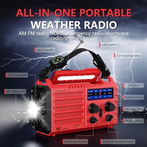 Emergency Solar Hand Crank Radio, AM/FM/SW NOAA Weather Alert Radio, Flashlight, Reading Lamp, SOS Alarm for Survival Home Outdoor Hurricane - color: Red