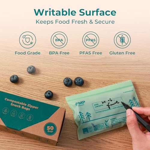 Fit Meal Prep 50 Pack 100% Compostable Snack Bags, 6.5 x 4.1" Resealable Food Storage Bags Snack Size, Plant-Based Freezer Bags for Food, ASTM D6400, US BPI & EU OK Compost Certified - style: Snack