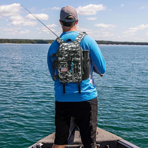 Piscifun Fishing Tackle Backpack, Rod & Gear Holder, Water-Resistant | 15L storage, breathable padding & adjustable shoulder straps, MOLLE panel, Digital Camouflage - color: Digital Camouflage, size: Standard